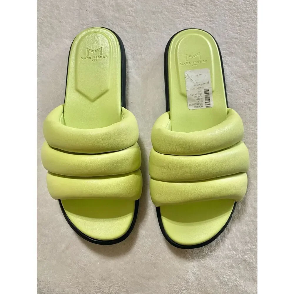 MARC FISHER Sandals NEW Yessy Slides Soft Genuine Leather Citron Green Size 10